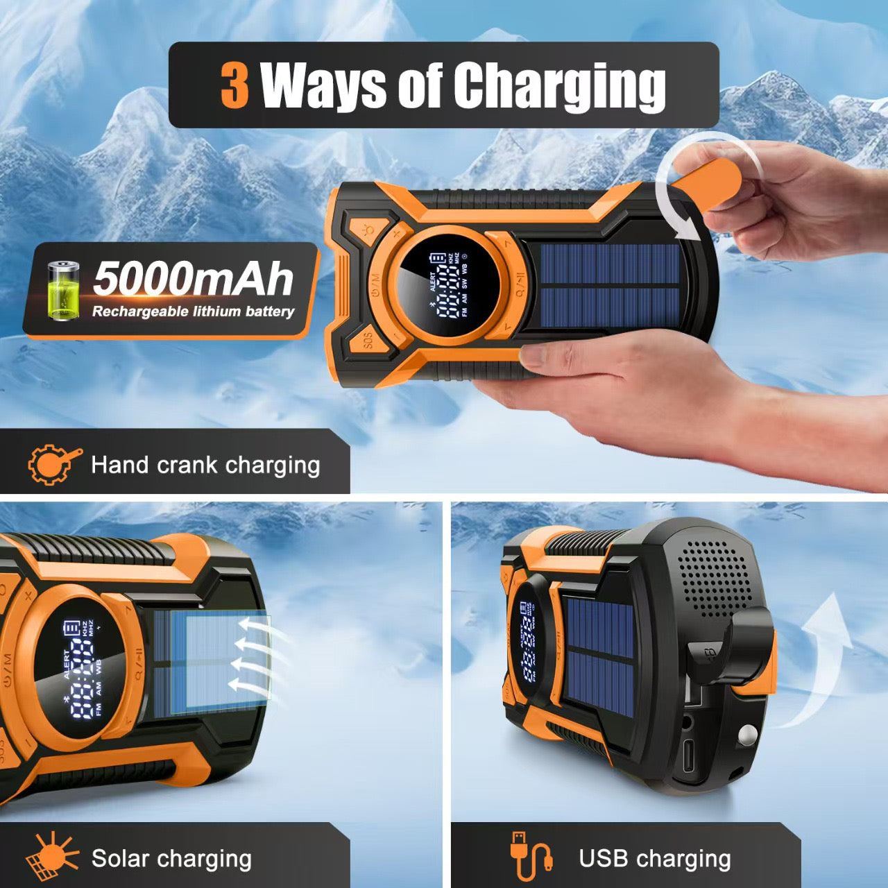 Multi flashlight | Hand Crank &Solar Power Bank for Camping, Hiking & Outdoor Adventures
